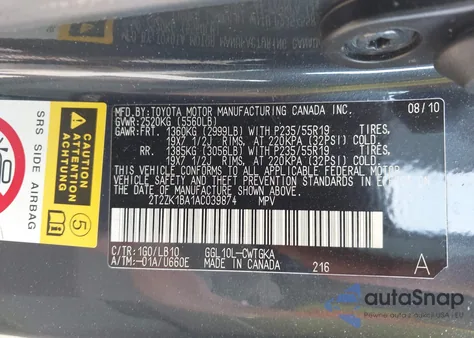 2010 Lexus Rx 350 from USA, damaged, VIN 2T2ZK1BA1AC039874